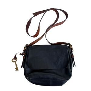 Vintage Fossil Black & Brown Leather Small Crossbody Bag with Adjustable Strap